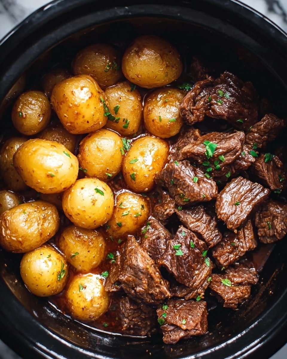Slow Cooker Garlic Butter Beef Bites with Potatoes Recipe - Recipe Image — Slow Cooker Garlic Butter Beef Bites with Potatoes, garlic butter beef, easy beef dinner, slow cooker beef recipes, tender beef potato meal