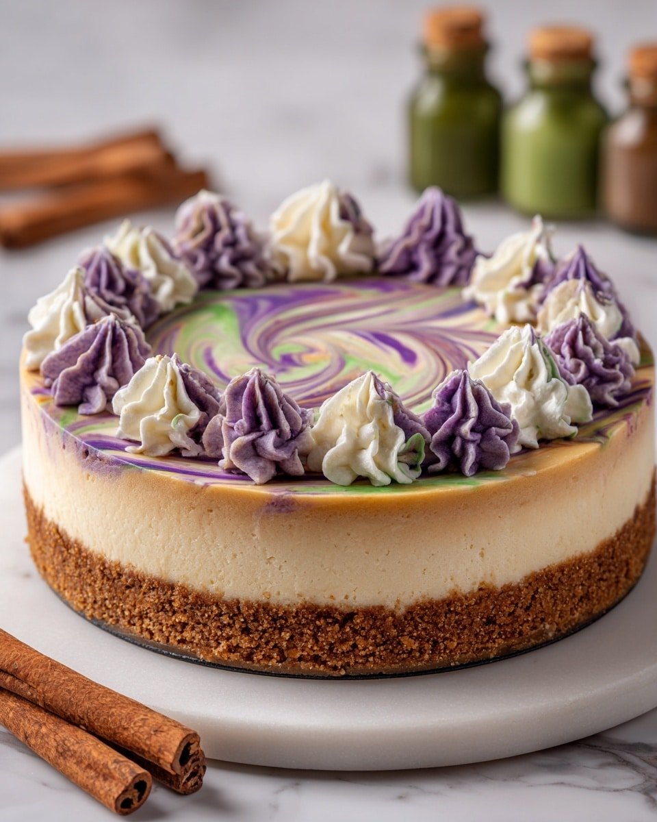 A round cake with three clear layers is placed on two stacked white plates against a white marbled surface. The bottom layer is a firm, brown crust. The middle layer is creamy white and smooth. The top layer is a glossy swirl of purple, white, and green colors, creating a spiral pattern that blends over the edges down to the middle layer. In the background, there are four lit candles and clear glass bottles with green and blue liquids, softly lighting the scene with a warm glow. photo taken with an iphone --ar 4:5 --v 7 — Polyjuice Potion Swirl Cheesecake, wizard-themed cheesecake, colorful swirl cheesecake, magical dessert recipes, easy themed cheesecake