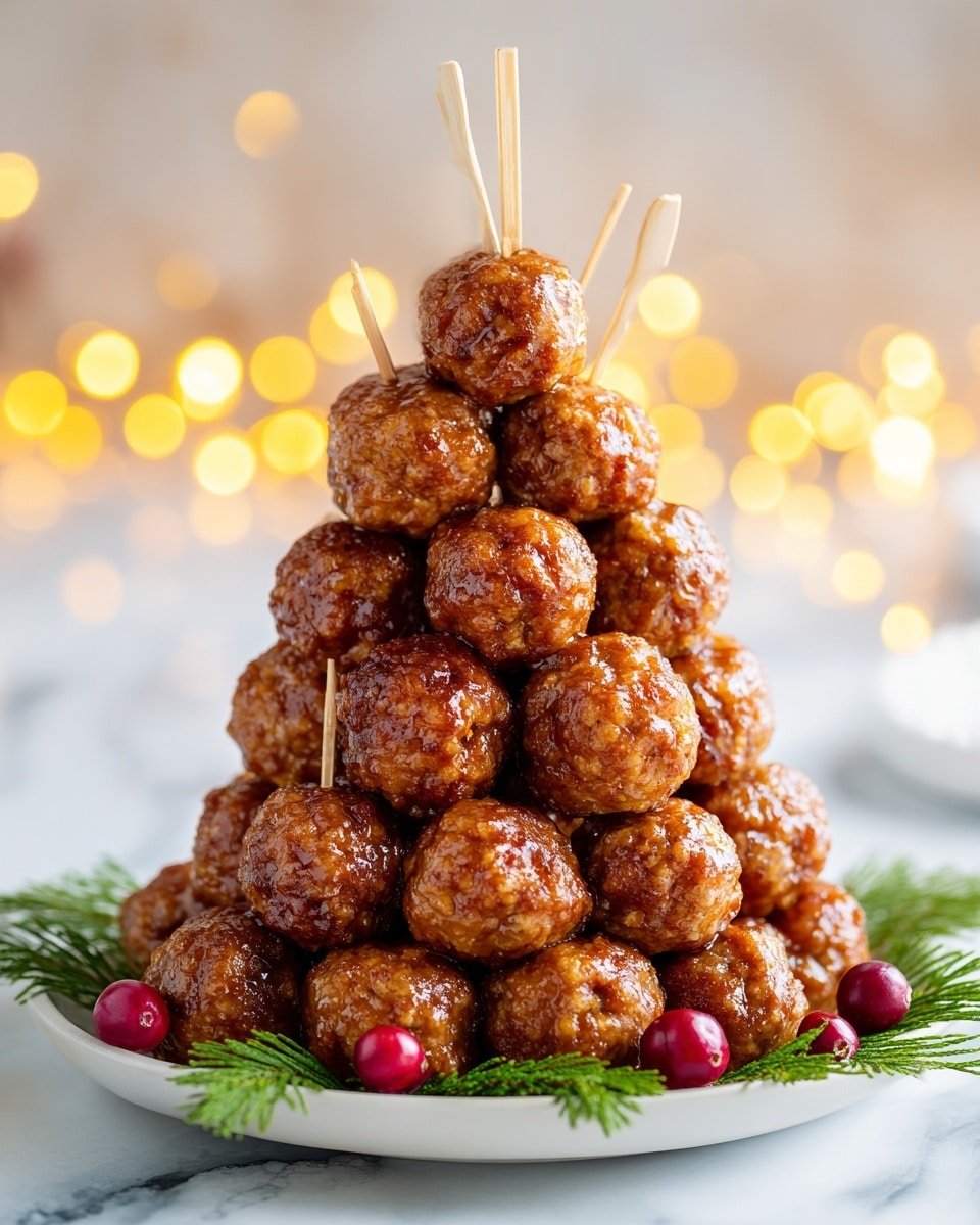 The image shows a pyramid made of three layers of shiny brown meatballs with a fourth smaller layer on the top, each meatball pierced with a toothpick horizontally or vertically. The meatballs are placed closely together in a triangular shape on a white plate. Around the base of the pyramid are small green pine sprigs and bright red cranberries, giving a festive look. The background features soft, warm yellow bokeh lights and a white marbled texture surface. The image is clear and bright, emphasizing the glossy texture of the meatballs photo taken with an iphone --ar 4:5 --v 7 — Cranberry Sauce Meatballs, easy meatball recipes with cranberry sauce, holiday appetizer ideas, tangy sweet meatballs, festive meatball dishes