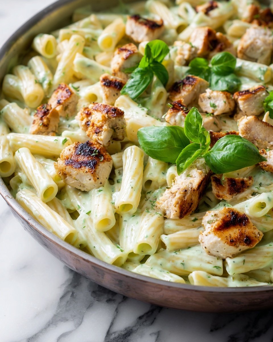A black pan filled with creamy penne pasta mixed with browned chicken pieces, all coated in a light green sauce with visible black pepper specks. Small green herb leaves are scattered on top, adding a fresh touch. The pan sits on a white marbled surface with an orange cloth draped beside it. Photo taken with an iphone --ar 4:5 --v 7 — Creamy Chicken Pesto Pasta, Chicken Pesto Pasta, Easy Pesto Pasta, Quick Creamy Pasta, Healthy Pasta Dinner