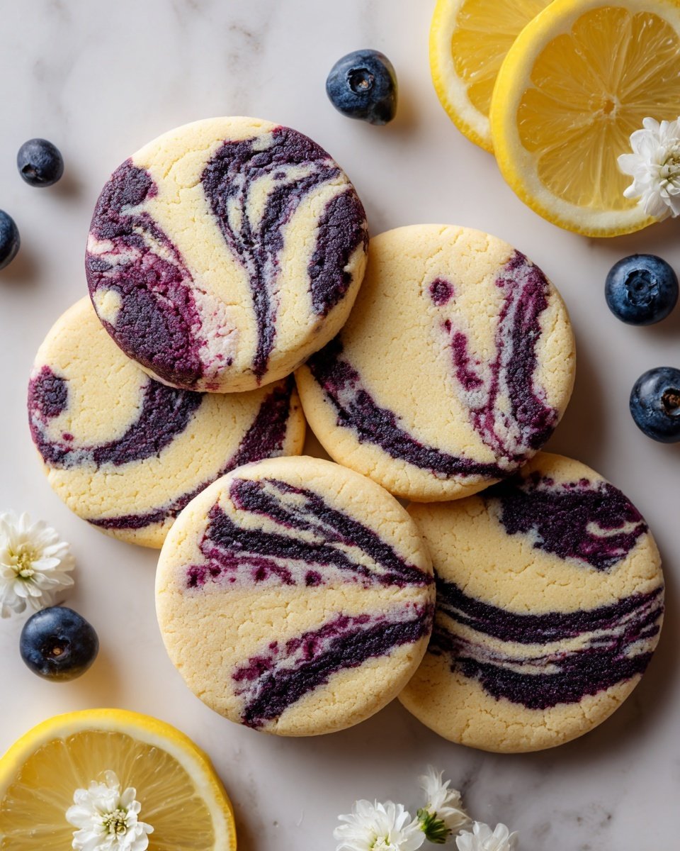 The image shows a close group of seven round cookies with a marbled pattern of purple and light beige, giving them a soft, slightly textured look. One cookie at the center has a bite taken out, revealing a smooth, creamy white filling inside. Around the cookies, there are fresh blueberries scattered and a few thin white plates filled with blueberries in the background. Bright yellow lemon slices and small white flowers are placed near the cookies, adding color contrast. The surface underneath is a smooth white marbled texture. Photo taken with an iphone --ar 4:5 --v 7 — Lemon Blueberry Cheesecake Cookies, blueberry cheesecake cookies, lemon dessert cookies, easy blueberry cookie recipe, no-bake cheesecake cookies