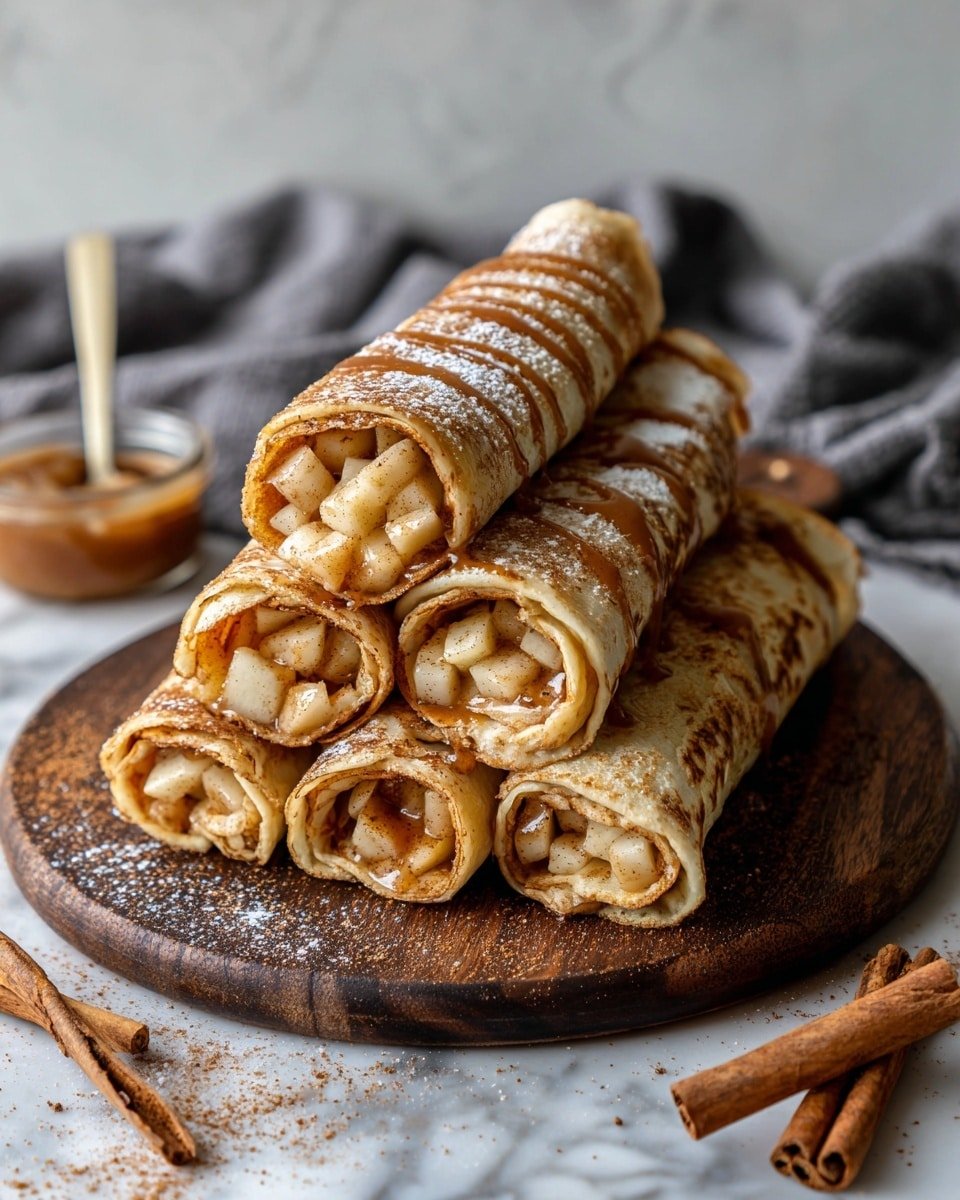 A stack of seven rolled crepes filled with small, diced apple pieces mixed with cinnamon are placed on a dark wooden board. The crepes are golden-brown with a slightly crispy texture visible on the outside, lightly sprinkled with sugar and cinnamon powder. Light brown caramel sauce is drizzled over the top layers. In the background, part of a grey cloth is seen on a white marbled surface, along with a cinnamon stick and a spoon with caramel sauce on it nearby, enhancing the cozy autumn feel. photo taken with an iphone --ar 4:5 --v 7 — Apple Cinnamon Crepes, homemade crepes with apple cinnamon filling, cozy breakfast ideas, easy brunch recipes, warm fruit-filled crepes