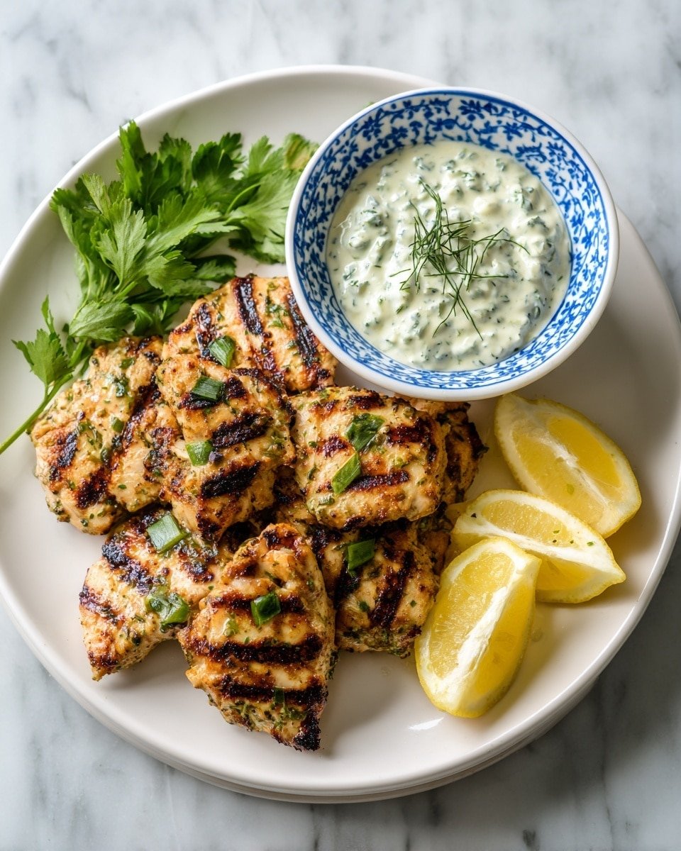 A white plate holds six grilled chicken pieces with dark grill marks and small green herb bits sprinkled on top. On the left side of the plate is a bunch of fresh green cilantro leaves. At the back of the plate, slightly to the right, sits a small white bowl with a blue pattern along the rim, filled with creamy sauce topped with green herbs. To the right of the bowl, three lemon slices are stacked overlapping, showing bright yellow color and juicy texture. The plate is placed on a white marbled surface. Photo taken with an iphone --ar 4:5 --v 7 — Juicy Middle Eastern Grilled Chicken with Toum, Middle Eastern grilled chicken recipe, grilled chicken with garlic sauce, flavorful chicken marinade, easy Middle Eastern chicken