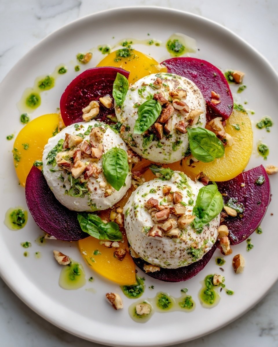 The dish shows three white balls of soft cheese placed on top of alternating layers of deep red and bright yellow round beet slices, arranged in a circle on a white plate. The cheese balls each have a fresh green basil leaf on top. Small pieces of chopped nuts are sprinkled over the cheese and beets. There are also small drops and smears of green pesto sauce scattered over the dish and plate, all set against a white marbled surface. photo taken with an iphone --ar 4:5 --v 7 — Easy Roasted Beet and Burrata Salad, roasted beet salad, burrata cheese salad, healthy beet and burrata dish, simple vegetable salad