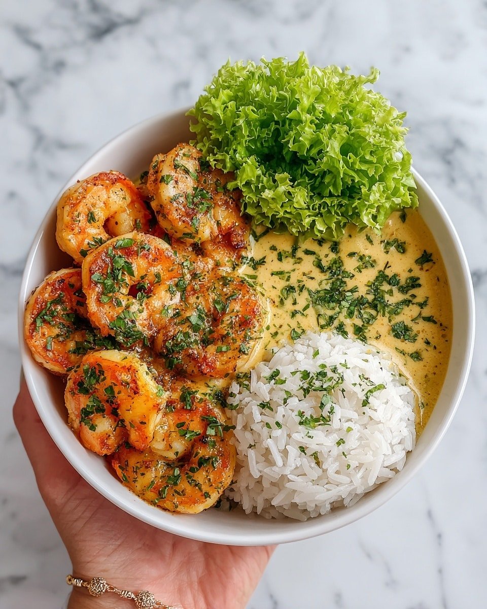 A white bowl filled with three main layers, starting on the left with a pile of cooked shrimp that are orange and pink with a light sprinkle of green herbs on top. In the middle, there is a smooth, light yellow creamy sauce covered with chopped green herbs. On the right side of the bowl, there is a mound of white rice with a soft texture. At the top, there is a small green lettuce leaf adding a fresh touch. The bowl is held by a woman's hand and set against a white marbled surface photo taken with an iphone --ar 4:5 --v 7 — Garlic Butter Shrimp Bowl with Creamy Herb Rice, easy shrimp bowl recipe, flavorful seafood dinner, quick weeknight shrimp recipe, herb-infused rice bowls