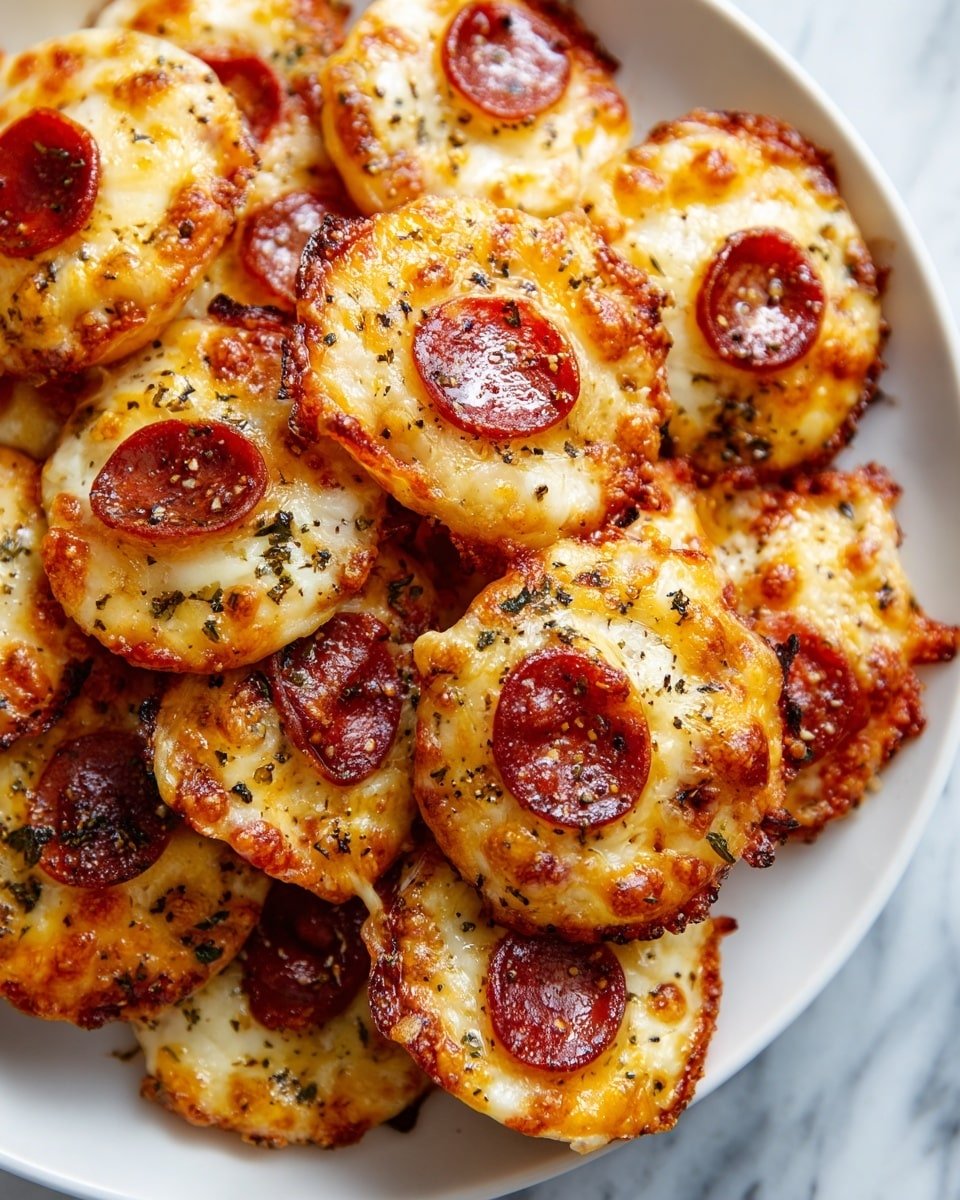 This image shows a close-up view of a pepperoni cheese snack with two layers. The bottom layer is golden melted cheese that has slightly crispy edges, spread unevenly on a white parchment paper. On top of each cheese spot, there is one round slice of deep red pepperoni with a shiny surface and small fat spots. The snack is sprinkled with small black pepper flakes over all the pepperoni and cheese. The whole food item is on a dark round tray, and the background is a white marbled surface. Photo taken with an iphone --ar 4:5 --v 7 — 2 Ingredient Pizza Chips, easy pizza snacks, cheesy crispy appetizer, quick game day snacks, cheesy snack recipes