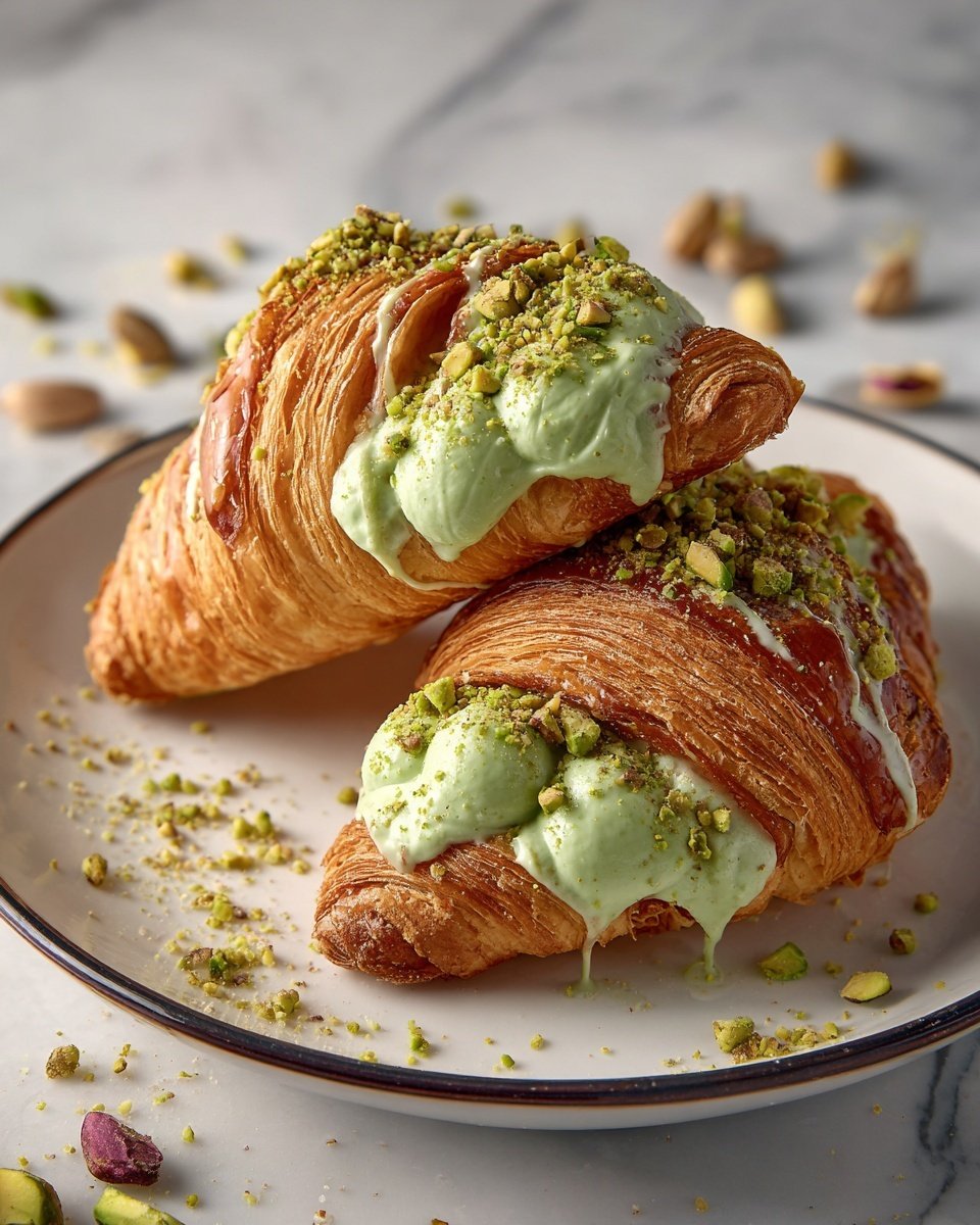Two golden brown croissants are sliced open and filled with a thick, light green cream that puffs out in rounded dollops between the layers. The croissants have a flaky texture with visible layers and are topped with a drizzle of matching green sauce and a generous sprinkle of roughly chopped pistachios. The pastries sit on a white plate with a thin dark rim, placed on a white marbled surface with some scattered pistachio crumbs around. photo taken with an iphone --ar 4:5 --v 7 — Easy Pistachio Croissants, pistachio croissants recipe, flaky croissant filling, nutty breakfast pastries, simple brunch ideas