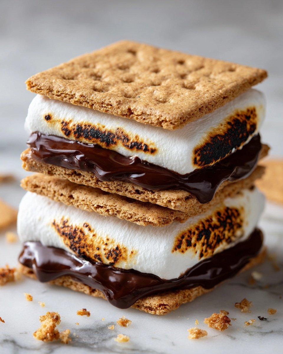 The image shows several s'mores stacked on a baking tray lined with parchment paper on a white marbled surface. Each s'more has three layers: the bottom layer is a light brown square graham cracker with a rough texture, the middle layer is a thick, melted dark brown chocolate, and the top layer is a large, golden-brown toasted marshmallow with an uneven, slightly crispy surface. The s'mores are arranged closely together, with some overlapping slightly. Photo taken with an iphone --ar 4:5 --v 7 — Airfryer S'mores, s'mores dessert, quick s'mores recipe, easy airfryer treat, campfire style s'mores