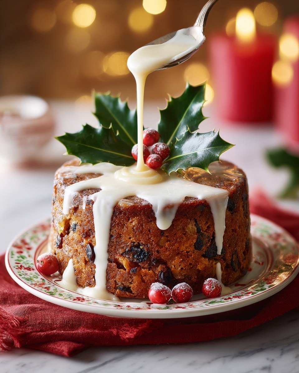 A dark brown Christmas pudding with a rough texture showing bits of fruits and nuts inside, placed in the center of a white detailed plate on a white marbled surface. A smooth layer of white icing gently drapes over the top of the pudding, with three bright green holly leaves and three shiny red berries sitting on the icing. Several red berries surround the base of the pudding on the plate. The background features soft, out-of-focus warm lights and red holiday decorations. photo taken with an iphone --ar 4:5 --v 7 — Traditional Christmas Pudding, Christmas Pudding Recipe, Festive Holiday Pudding, Classic Christmas Dessert, Spiced Christmas Pudding