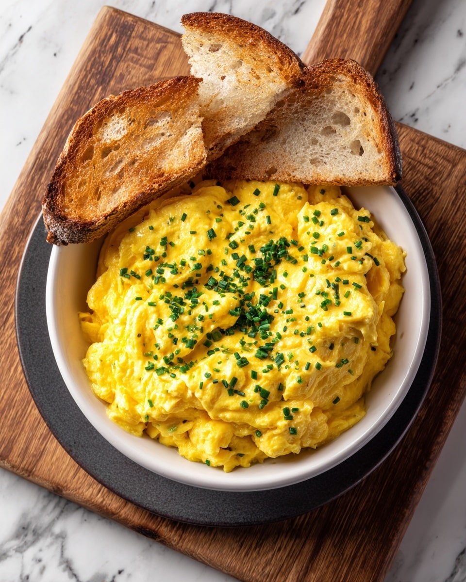 Scrambled Eggs with Sharp Cheddar Cheese and Chives Recipe - Recipe Image — Scrambled Eggs with Sharp Cheddar Cheese and Chives, cheesy scrambled eggs, savory breakfast ideas, quick egg recipes, best brunch breakfast