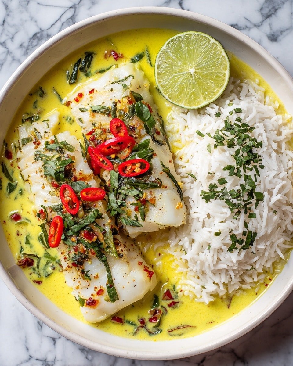 The dish shows a shallow white bowl filled with three layers: the base layer is a bright yellow creamy sauce with smooth texture, scattered with bits of green herbs and small red chili pieces. On top of this sauce lie two white fish fillets with light grill marks, partially submerged, topped with extra red chili slices and green herb leaves. Next to the fish, on the right side, is a pile of white cooked rice sprinkled with chopped green herbs. At the edge of the bowl, a fresh half lime with visible light green segments rests beside the rice. The bowl is placed on a white marbled surface. photo taken with an iphone --ar 4:5 --v 7 — Coconut Lime Fish Curry Jasmine Rice, Thai fish curry with coconut milk, easy seafood curry recipe, tropical fish curry with lime, quick weeknight curry dishes