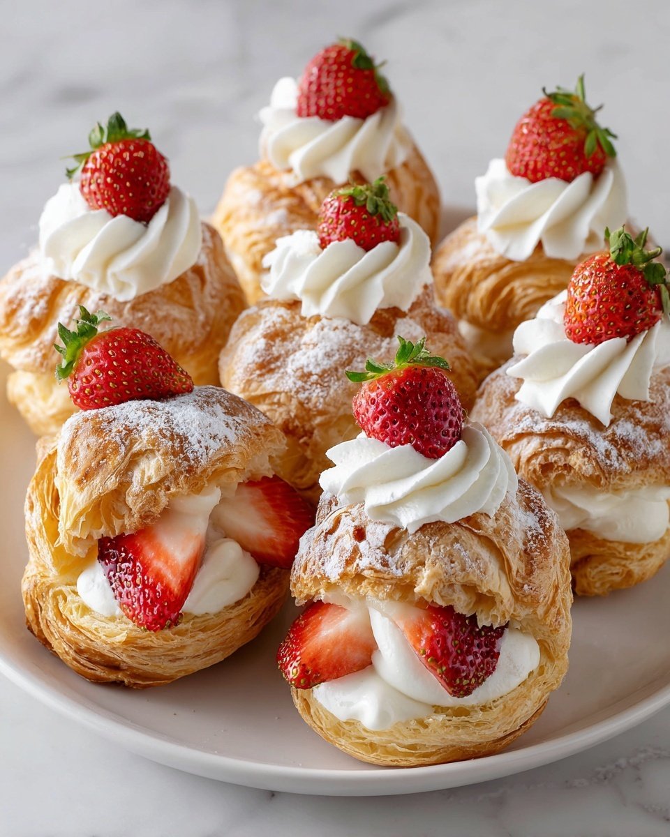 A white plate holds eight puff pastry puffs arranged closely. Each puff has a golden-brown, flaky outer layer with visible crisp layers. Six of the puffs are topped with a swirl of white whipped cream and a halved red strawberry with green leaves. Two puffs are cut open, showing an inside filled with more white whipped cream and several halved fresh strawberries, and they are dusted lightly with powdered sugar. The plate is placed on a white marbled surface. Photo taken with an iphone --ar 4:5 --v 7 — Strawberry Cream Puffs, easy choux pastry with strawberries, elegant berry dessert, spring fruit dessert, homemade cream puffs with strawberries