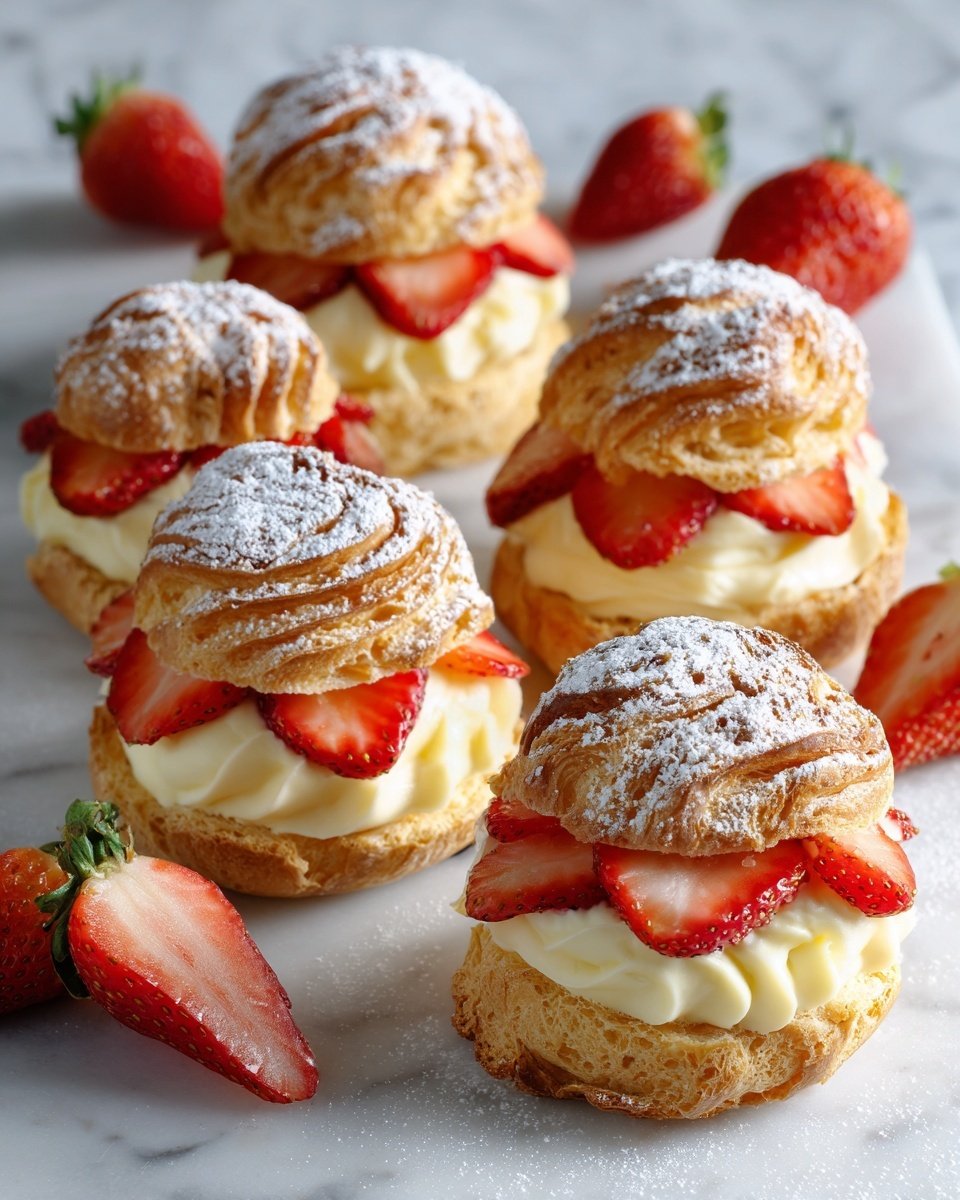 Strawberry Cream Puffs Recipe - Recipe Image — Strawberry Cream Puffs, easy choux pastry with strawberries, elegant berry dessert, spring fruit dessert, homemade cream puffs with strawberries