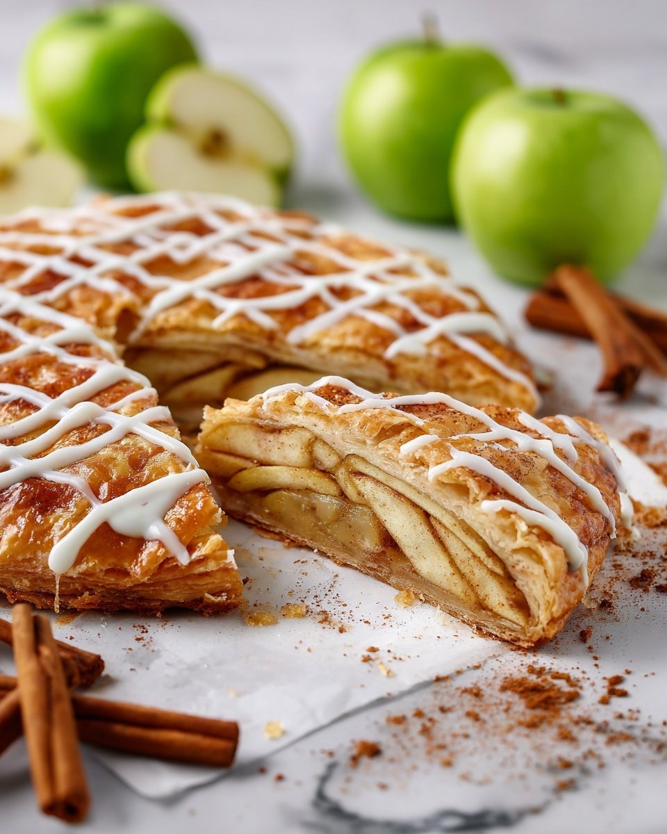 The image shows a sliced apple pastry with a golden brown crust, topped with a white icing drizzle creating a crisscross pattern on top. Inside, thinly layered apple slices are visible, resting on a creamy filling. The pastry lies on white parchment paper that has drizzles of the same white icing and some scattered cinnamon powder. Around the pastry, there are green apples, both whole and sliced, and cinnamon sticks on a white marbled surface. The background is softly blurred, focusing attention on the pastry. photo taken with an iphone --ar 4:5 --v 7 — Easy Apple Danish Braid with Cream Cheese Filling, apple pastry recipe, brunch pastry ideas, easy breakfast baked goods, cinnamon apple dessert