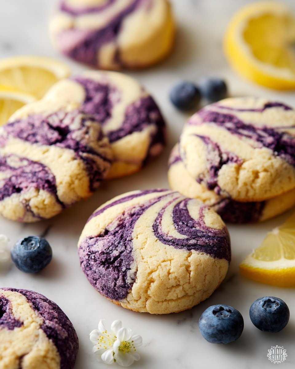 The image shows a close-up of six round cookies with a marbled pattern of light yellow and dark purple swirls, giving a textured look. The cookies are placed on a white marbled surface. Around the cookies, there are small fresh blueberries, two lemon slices with bright yellow color, and a small white flower with a yellow center, adding a fresh and natural touch to the scene. The colors are soft but vibrant, and the cookies look dense with a slightly grainy texture. photo taken with an iphone --ar 4:5 --v 7 — Lemon Blueberry Cheesecake Cookies, blueberry cheesecake cookies, lemon dessert cookies, easy blueberry cookie recipe, no-bake cheesecake cookies