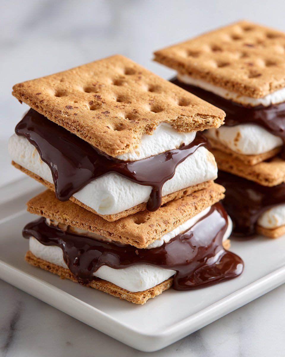 The image shows two stacked s'mores on a white marbled surface, with crumb pieces scattered around. Each s'more has three layers: a square golden brown graham cracker on the top and bottom, a thick layer of shiny melted dark chocolate in the middle, and a large, toasted marshmallow with a soft, white inside and a golden-brown charred outside just below the top cracker. The texture of the graham crackers is slightly rough and crumbly. Photo taken with an iphone --ar 4:5 --v 7 — Airfryer S'mores, s'mores dessert, quick s'mores recipe, easy airfryer treat, campfire style s'mores