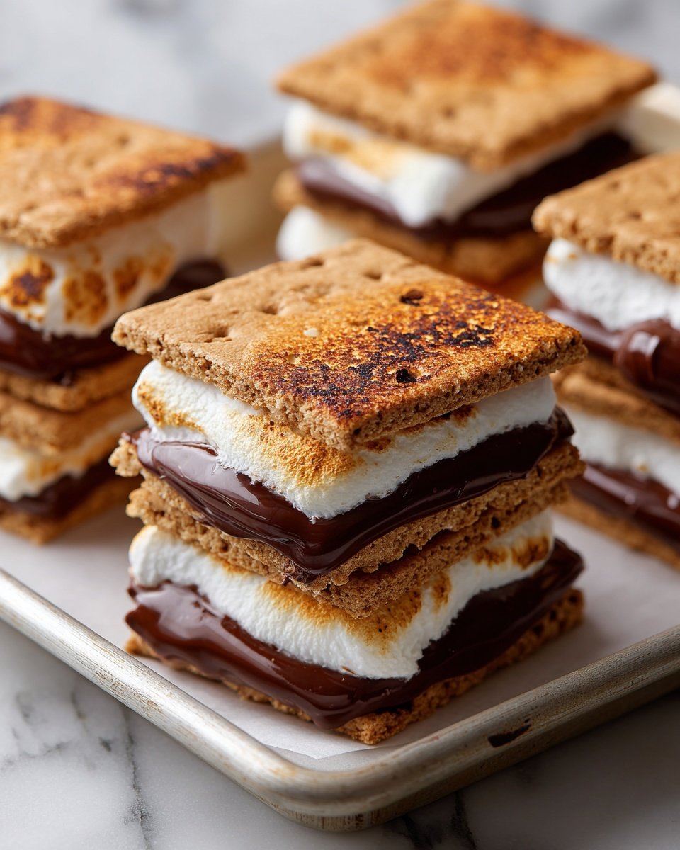 The image shows four s’mores laid on a white tray placed on a white marbled surface. Each s’more has three visible layers: the top and bottom layers are square golden brown graham crackers with small holes arranged in a pattern, while the middle layer is a thick, soft, and white marshmallow that looks fluffy. Between the marshmallow and the bottom graham cracker is a layer of melted dark chocolate that is slightly dripping out, pooling on the tray beneath each s'more. The s’mores have slightly uneven edges, and one of the top graham crackers has a small bite taken out. Photo taken with an iphone --ar 4:5 --v 7 — Airfryer S'mores, s'mores dessert, quick s'mores recipe, easy airfryer treat, campfire style s'mores