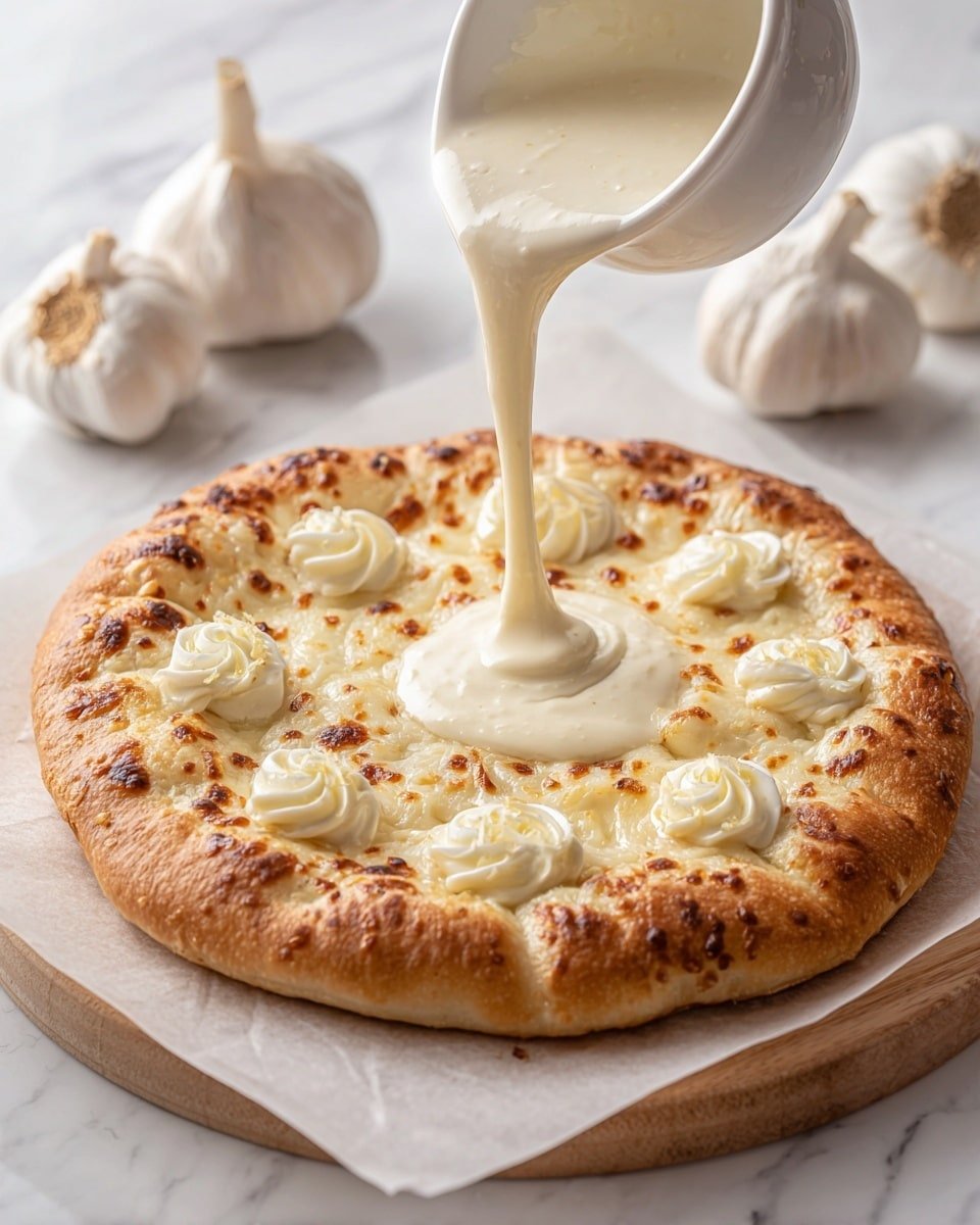 White Garlic Pizza Sauce Recipe - Recipe Image — White Garlic Pizza Sauce, garlic pizza sauce, creamy pizza sauce, homemade white pizza sauce, easy garlic pizza sauce