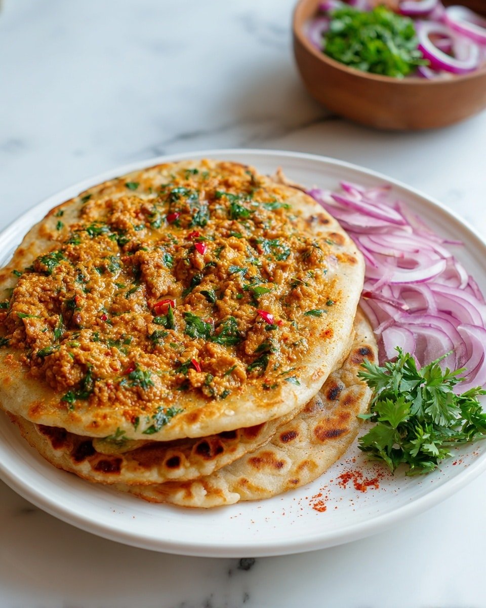 A thin, round flatbread is topped with a spread of finely ground meat mixed with herbs and small red pepper pieces, creating a textured reddish-brown layer. One side of the flatbread is folded over, exposing a layer of fresh green parsley leaves mixed with sliced red onions in the middle. The flatbread sits on a white plate placed on a white marbled surface. The edges of the flatbread are slightly browned, showing a crispy texture. Photo taken with an iphone --ar 4:5 --v 7 — Lahmacun Turkish flatbread with spiced meat, authentic Turkish lahmacun recipe, homemade Turkish flatbread topping, crispy lahmacun with flavorful meat, traditional Turkish lahmacun
