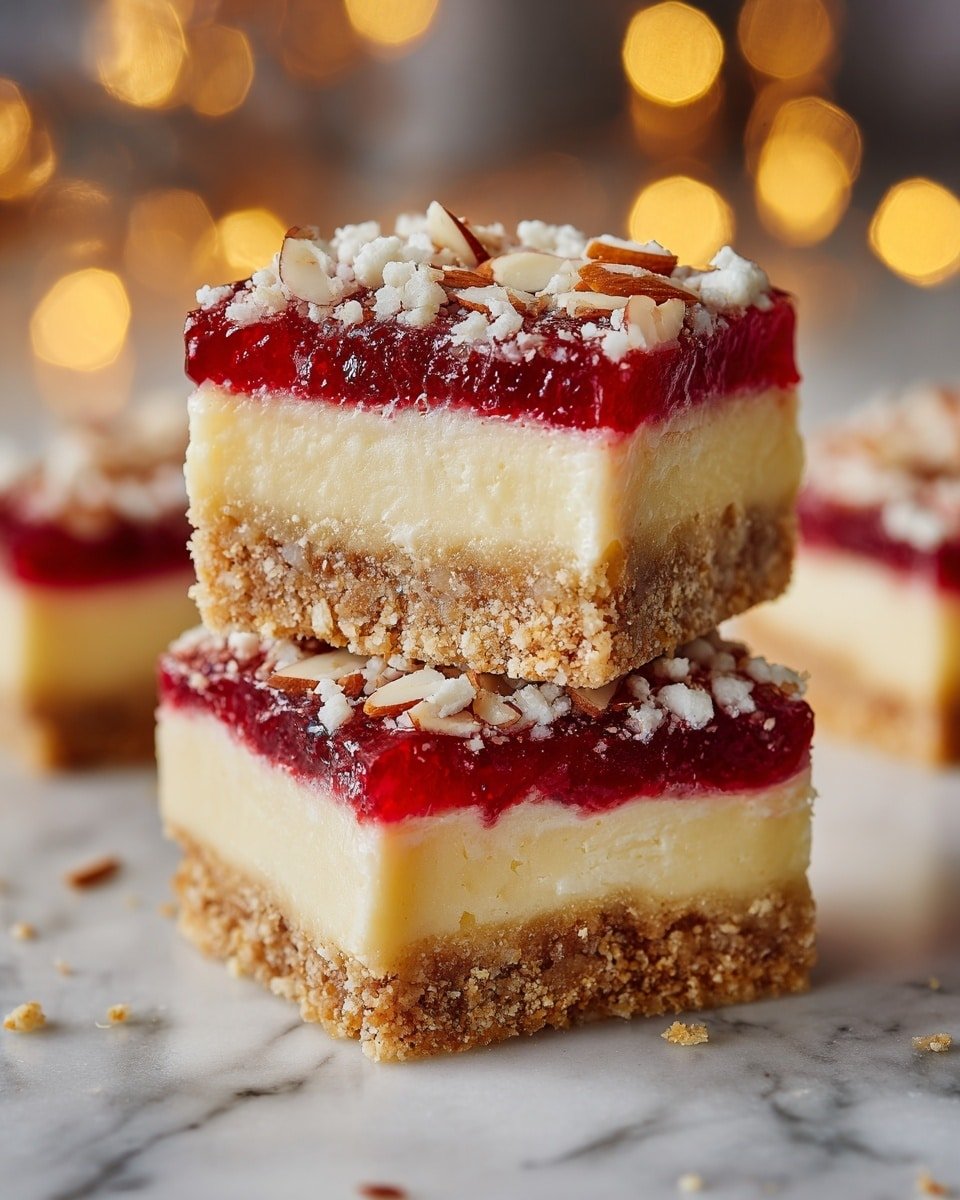The image shows two square dessert bars stacked, each with three visible layers. The bottom layer is a crumbly light brown crust with a rough texture. The middle layer is thick and creamy with a pale yellow color, smooth and soft in appearance. The top layer is a bright red jelly spread evenly, with scattered sliced almonds and small white crumbly streusel pieces on top. The bars are placed on a white marbled surface with out-of-focus warm lights in the background, giving a cozy feeling. photo taken with an iphone --ar 4:5 --v 7 — Christmas Cheesecake Bars, festive dessert, holiday cheesecake, cherry almond dessert, no-bake cheesecake bars