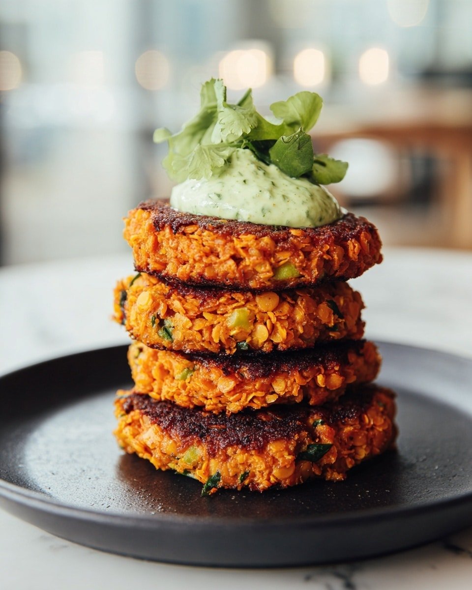 The image shows three round patties stacked on a black plate, each patty with a textured surface of bright orange lentils mixed with small green leafy bits. The top patty has a dollop of pale green sauce with visible specks of herbs, adding a creamy appearance contrasting with the rough, crispy edges of the lentil patties. The patties have a browned, slightly charred crust on the outside, giving them a crispy look. The scene is set on a white marbled surface, softly blurred in the far background with natural light highlighting the dish's colors and textures. photo taken with an iphone --ar 4:5 --v 7 — Crispy Sweet Potato and Red Lentil Patties, healthy veggie patties with avocado cilantro sauce, easy vegan lentil patties, flavorful sweet potato lentil burgers, nourishing plant-based recipes