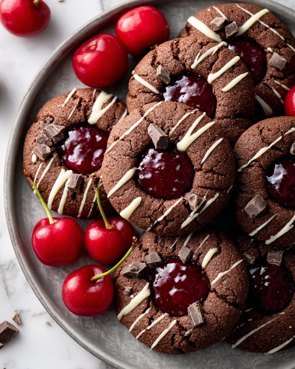 A white plate holds several dark brown cookies, each topped with a glossy red cherry jam in the center, sprinkled with thin dark chocolate shavings. The cookies have a rough texture and are decorated with thin white icing drizzled in stripes radiating from the center to the edges. Around the cookies, there are fresh whole cherries with bright red shiny skin and green stems. The scene is set on a white marbled surface. photo taken with an iphone --ar 4:5 --v 7 — Black Forest Cookies, Chocolate Cherry Cookies, Easy Black Forest Cookies, Chocolate Cherry Treats, Elegant Cookies with Cherry and Chocolate