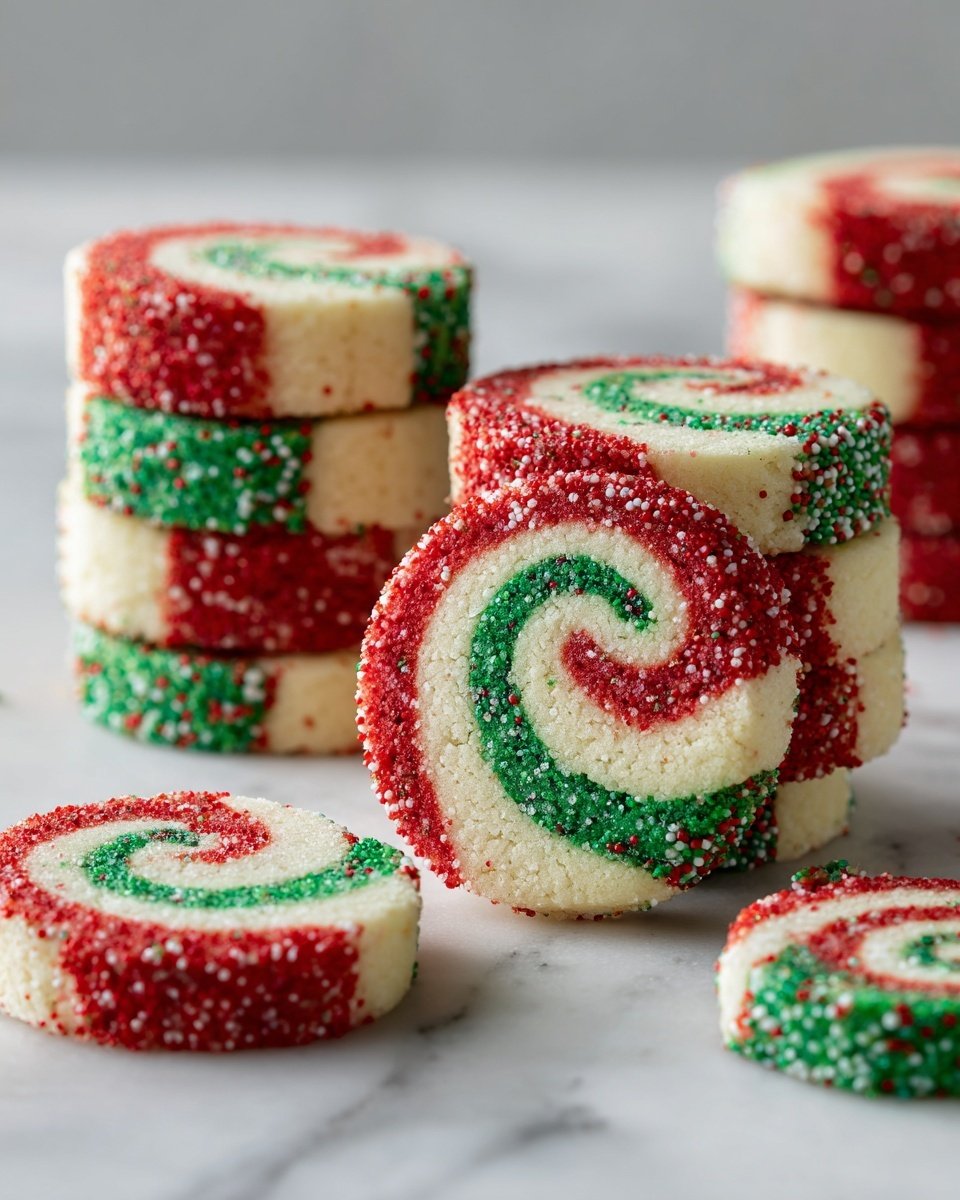 A white plate with red snowflake and dot patterns holds eight round pinwheel cookies. Each cookie has three swirled layers in red, white, and green, with the red on the outside edge, green in the middle, and white inside the swirl. The cookies are arranged in a slightly overlapping pile on a white marbled surface with a gray striped cloth nearby. The cookies have a sugar-like coating that gives a slight sparkle to the edges. Photo taken with an iphone --ar 4:5 --v 7 — Christmas Pinwheel Cookies, festive holiday cookies, colorful spiral cookies, holiday baking ideas, easy Christmas treats