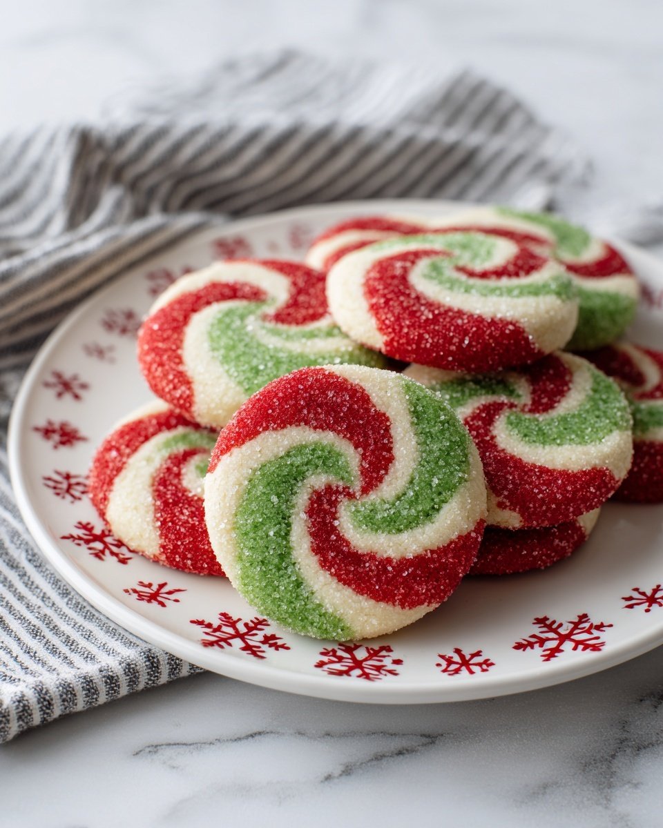 The image shows several stacks and scattered slices of spiral cookies on a white marbled surface. Each cookie has three visible layers forming a swirl pattern: a red outer layer, a middle white layer, and a green inner layer. The sides of the cookies are covered in tiny round sprinkles in red, green, and white colors, giving a textured look. The stacks of cookies are thick with many layers within each stack, and a few loose slices lie flat nearby, showing their spiral pattern clearly. photo taken with an iphone --ar 4:5 --v 7 — Christmas Pinwheel Cookies, festive holiday cookies, colorful spiral cookies, holiday baking ideas, easy Christmas treats