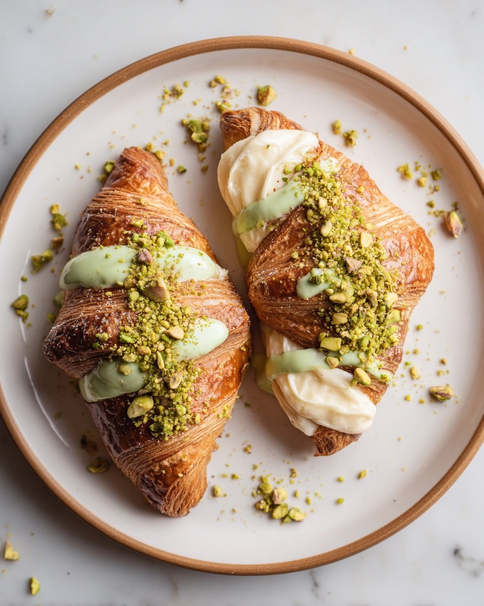 Two croissants are placed side by side on a white plate with a thin brown rim. Each croissant is cut open and filled with a thick layer of light beige creamy filling that slightly spreads outward. On top of the cream, finely chopped green pistachios are scattered generously, covering the central part of the croissants. A drizzle of light green sauce is artistically spread over both the croissants and filling, adding more texture and color contrast. The plate sits on a white marbled surface with some pistachio crumbs around for a natural touch. Photo taken with an iphone --ar 4:5 --v 7 — Easy Pistachio Croissants, pistachio croissants recipe, flaky croissant filling, nutty breakfast pastries, simple brunch ideas