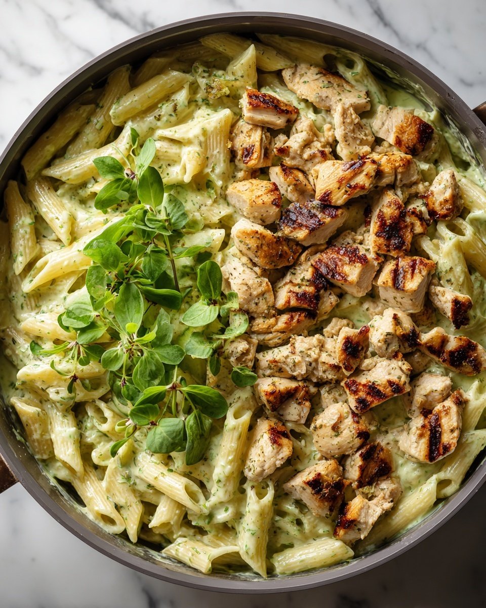 The image shows a close-up of a pan filled with creamy pasta. There are three layers visible: the bottom layer is white penne pasta coated in a light green creamy sauce with a smooth texture, the middle layer consists of small cooked chicken pieces that have a light brown grill mark and a slightly bumpy texture, scattered evenly throughout the pasta, and the top layer has fresh green herb leaves placed in small clusters for garnish. The background is a white marbled surface. photo taken with an iphone --ar 4:5 --v 7 — Creamy Chicken Pesto Pasta, Chicken Pesto Pasta, Easy Pesto Pasta, Quick Creamy Pasta, Healthy Pasta Dinner
