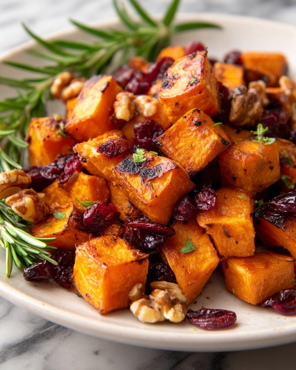 Maple Roasted Sweet Potatoes with Cranberries and Walnuts Recipe - Recipe Image — Maple Roasted Sweet Potatoes with Cranberries and Walnuts, roasted sweet potato side dish, autumn holiday side dish, healthy sweet potato recipes, easy fall vegetable side