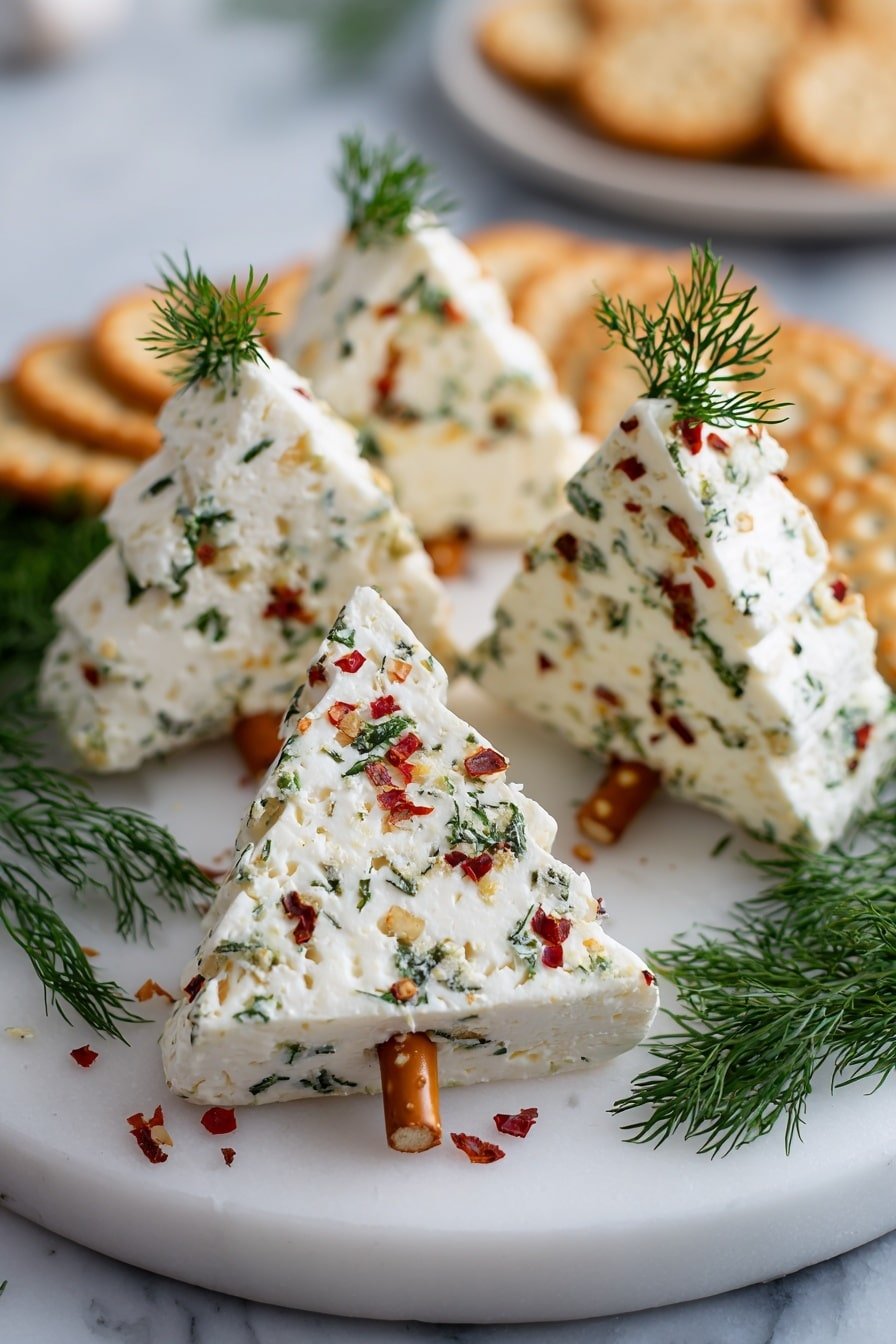 The image shows several small, white cheese pieces shaped like Christmas trees, each pierced from the bottom with a thin pretzel stick acting as a trunk. The cheese is mixed with small green herb pieces and topped with small red chili flakes and fresh dill sprigs. The triangular cheese pieces have a smooth texture with visible herbs inside. They are placed on a white plate on a white marbled surface, with some round crackers and fresh dill sprigs in the background. Photo taken with an iphone --ar 2:3 --v 7 - Christmas Tree Cheese Bites, festive appetizer, holiday party snacks, easy holiday appetizers, cheesy Christmas treats