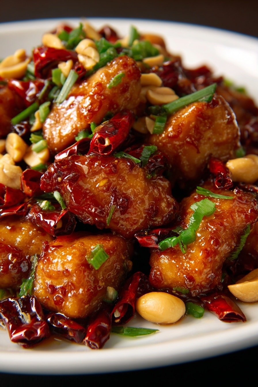 The dish shows several pieces of shiny, glazed brown chicken chunks mixed with whole light tan peanuts, bright red dried chili peppers, and fresh green chopped scallions. The chicken is coated with a glossy sauce that makes it look moist and tender, spread evenly across the white plate. The mix of colors—reddish peppers, green scallions, and light peanuts—adds a fresh and spicy look to the dish, with the brown chicken pieces forming the main layer. Photo taken with an iphone --ar 2:3 --v 7 - Kung Pao Chicken, spicy stir-fry, Chinese chicken recipes, easy dinner ideas, Asian-inspired dishes