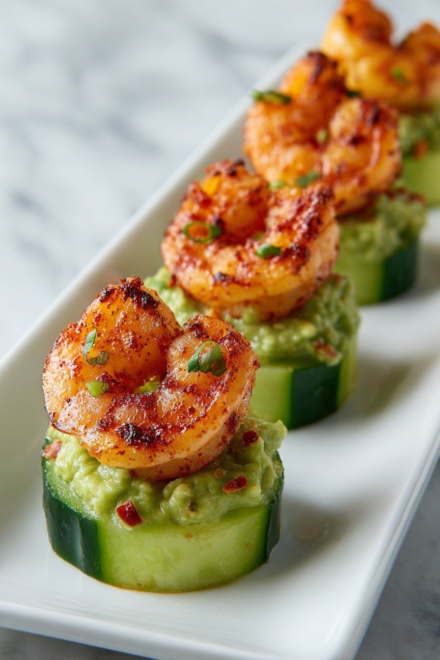 There are four pieces of food on a long white plate sitting on a white marbled surface. Each piece has three layers: the bottom layer is a thick green cucumber round with a dark green skin and moist texture; the middle layer is a bumpy, light green dollop of guacamole with small red bits mixed in; the top layer is a grilled shrimp, orange and white with spices, curled and sitting neatly on the guacamole. The light shines softly on the shrimp, making them look juicy and fresh. photo taken with an iphone --ar 2:3 --v 7 - Blackened Shrimp Cucumber Bites, Shrimp appetizer ideas, easy seafood appetizers, healthy summer snacks, flavorful shrimp bites