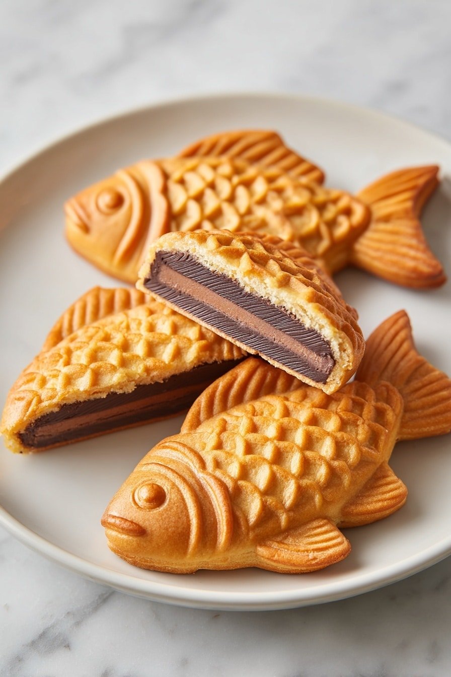 The image shows three fish-shaped pastries on a white plate, placed on a white marbled surface. Each pastry has a golden-brown, slightly crispy outer layer with detailed scales and fins that give texture. One pastry is broken to show two inner layers: a thick dark chocolate layer and a thinner lighter brown chocolate layer, both smooth and rich. The pastries are arranged with one broken fish on top and two complete fish beneath it, all highlighting their detailed design and layers. Photo taken with an iphone --ar 2:3 --v 7 - Baked Taiyaki with Delicious Fillings, Japanese Taiyaki, Homemade Taiyaki, Fish-Shaped Cake, Easy Japanese Desserts