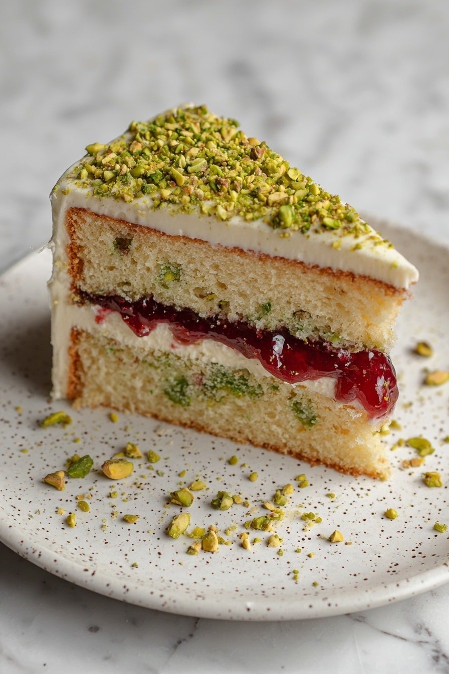 A slice of two-layer cake sits on a white speckled plate placed on a white marbled surface. The bottom layer is a light-colored sponge with bits of green, topped with a thick layer of cream and a middle layer of bright red jam. Above the jam is another layer of light sponge cake with some green bits, covered with a smooth layer of white cream. The entire top of the cake slice is covered with finely chopped green pistachios, adding texture and color contrast. Small pistachio crumbs are scattered on the plate around the cake slice. photo taken with an iphone --ar 2:3 --v 7 - Pistachio Raspberry Cake, pistachio raspberry dessert, fruit and nut cake, weekend brunch cake, easy berry nut cake