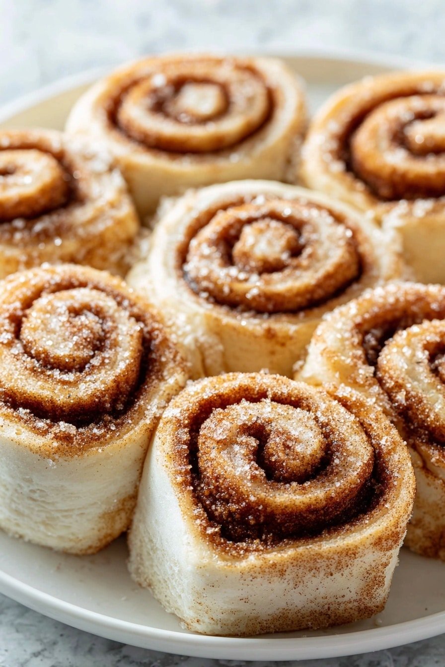 A white plate holds eight cinnamon rolls arranged closely. Each roll has two visible layers: a soft white dough on the outside and a brown cinnamon sugar filling spiraled inside. The outer dough is coated with a light dusting of sugar and cinnamon, giving a textured, slightly grainy look. The rolls have a warm, golden-brown color that contrasts with the lighter white dough border. The background is a white marbled surface, and the lighting highlights the shiny sugar crystals on top. photo taken with an iphone --ar 2:3 --v 7 - Keto Cinnamon Rolls with Almond Flour, low-carb cinnamon rolls, keto dessert recipes, keto breakfast ideas, gluten-free cinnamon rolls