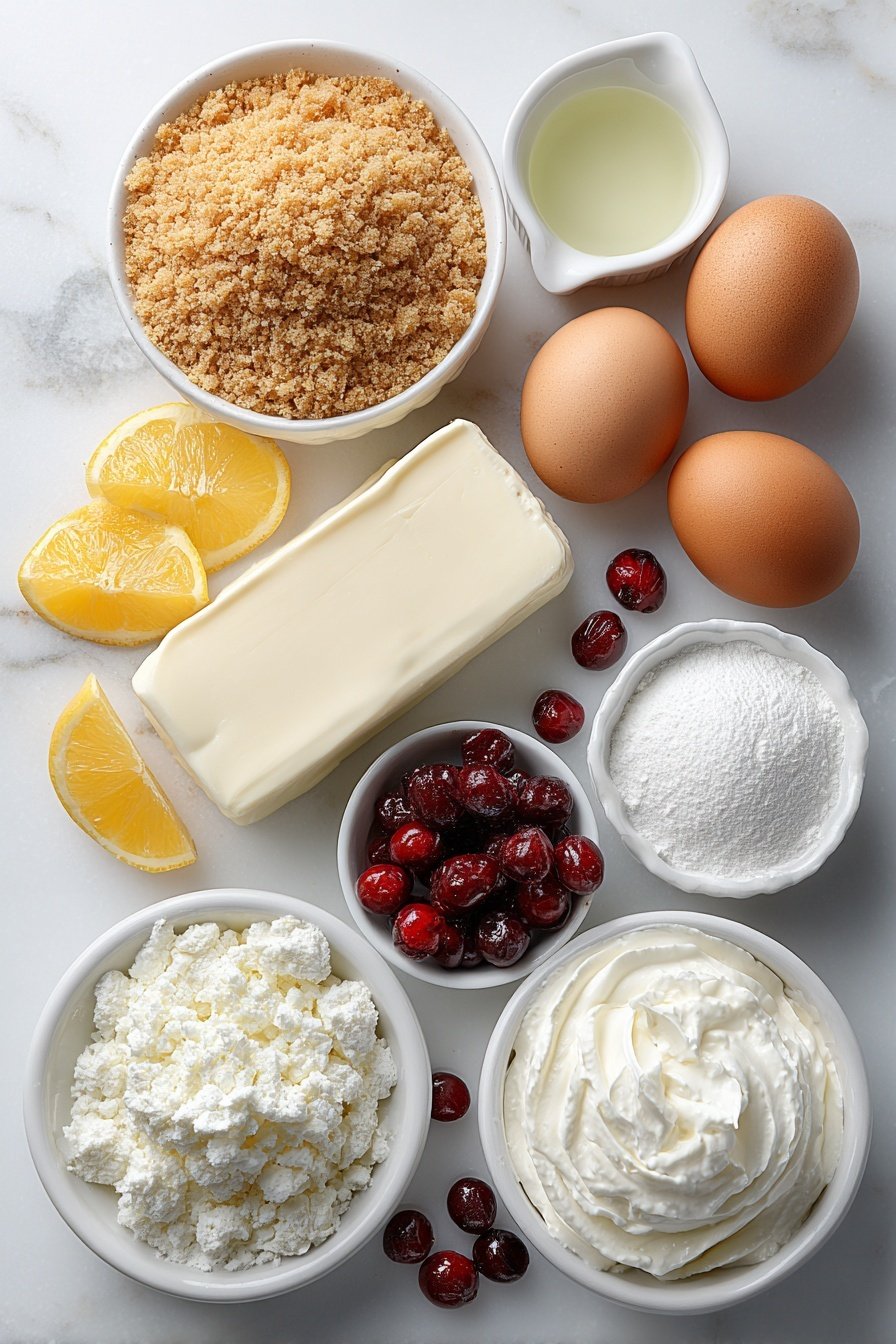 The image shows five small round cheesecakes placed on a large white plate, set on a white marbled surface. Each cheesecake has three visible layers: a crumbly golden brown base forming the bottom layer, a thick creamy white middle layer for the cheesecake, and a bright red cherry topping with a glossy sauce dripping slightly down the sides. On top of the cherries stands a tall, swirled dollop of white whipped cream sprinkled with red bits. The cheesecakes are arranged in a loose cluster, with soft round lights blurred in the dark background. photo taken with an iphone --ar 2:3 --v 7 - Mini Christmas Tree Cheesecakes, Christmas dessert ideas, holiday cheesecakes, festive cheesecake recipes, easy Christmas treats