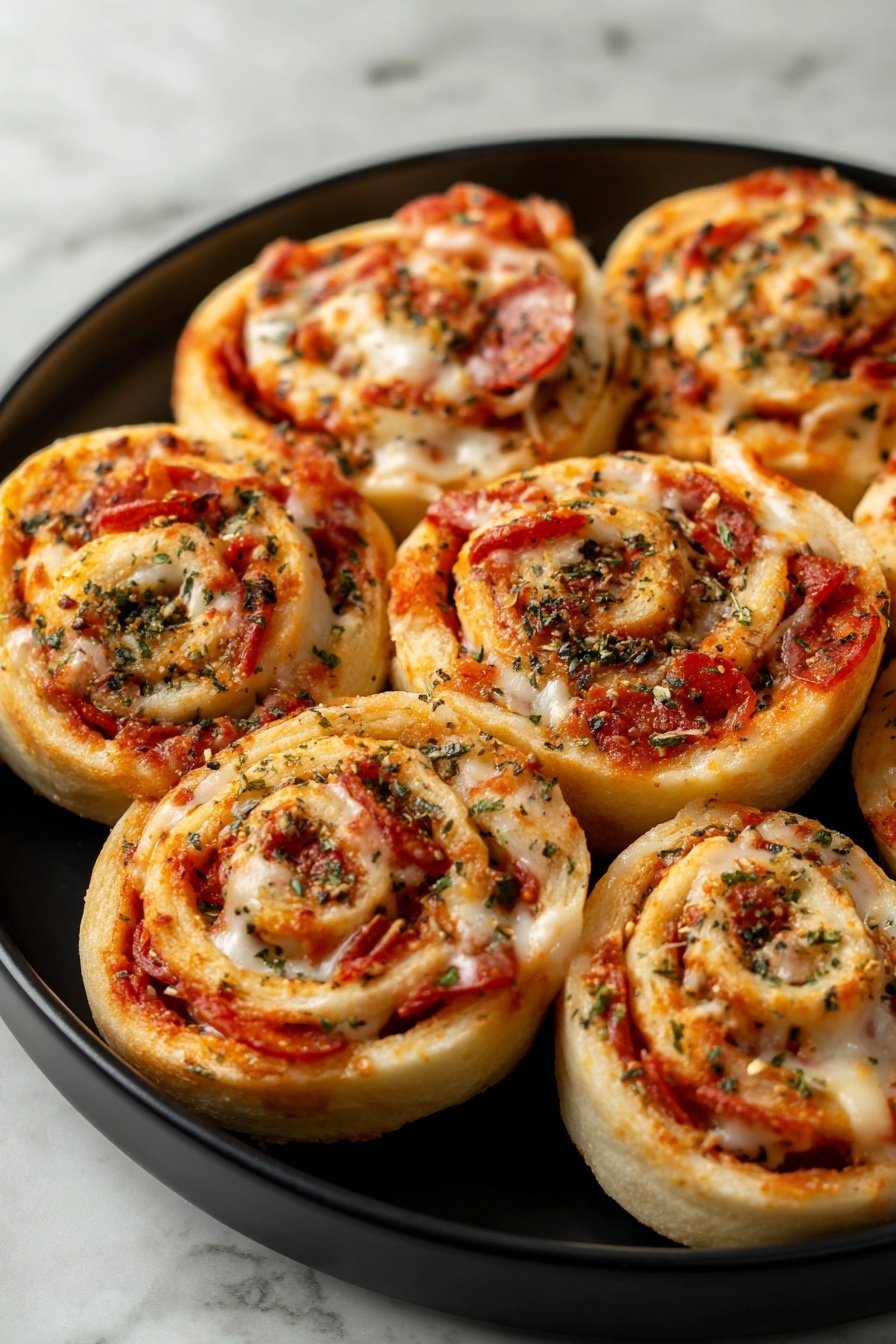 The image shows seven round pizza rolls arranged in a circle on a white plate placed on a wooden tray. Each roll has a golden-brown outer crust with melted cheese and small pieces of reddish-brown toppings, garnished with green herbs on top. In the center of the circle is a small white bowl filled with a chunky red-brown sauce that has visible bits of herbs and spices. The white plate and wooden tray sit on a dark gray surface. photo taken with an iphone --ar 2:3 --v 7 - Stuffed Tortilla Pizza Rolls, tortilla pizza roll recipe, cheesy stuffed tortilla wraps, easy pizza snacks, game-day appetizer ideas