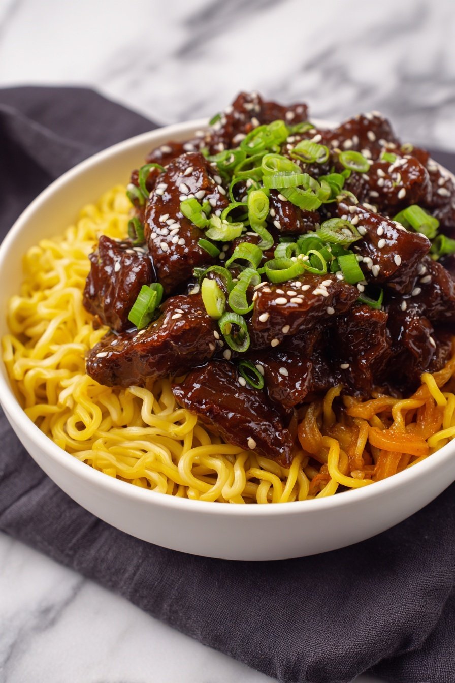 A white bowl filled with wide, flat noodles underneath a thick dark brown sauce with pieces of beef. The beef chunks are scattered on top, mixed with the sauce that has a glossy look. There are small green herbs sprinkled on the beef and sauce, adding a fresh touch of color. The bowl rests on a blue and white patterned cloth on a white marbled surface. photo taken with an iphone --ar 2:3 --v 7 - Slow Cooker Korean Beef Noodles, Korean beef noodles recipe, easy slow cooker dinner, comforting Asian noodles, tender beef noodle bowl