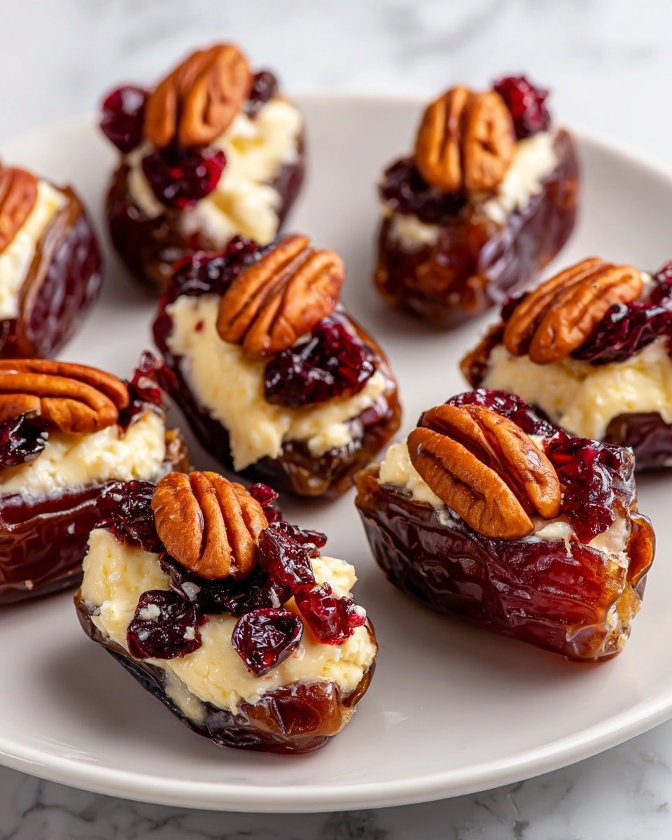 Cranberry Pecan Cream Cheese Stuffed Dates Recipe - Recipe Image — Cranberry Pecan Cream Cheese Stuffed Dates, holiday appetizer ideas, easy no-bake bites, festive sweet snacks, quick holiday finger foods
