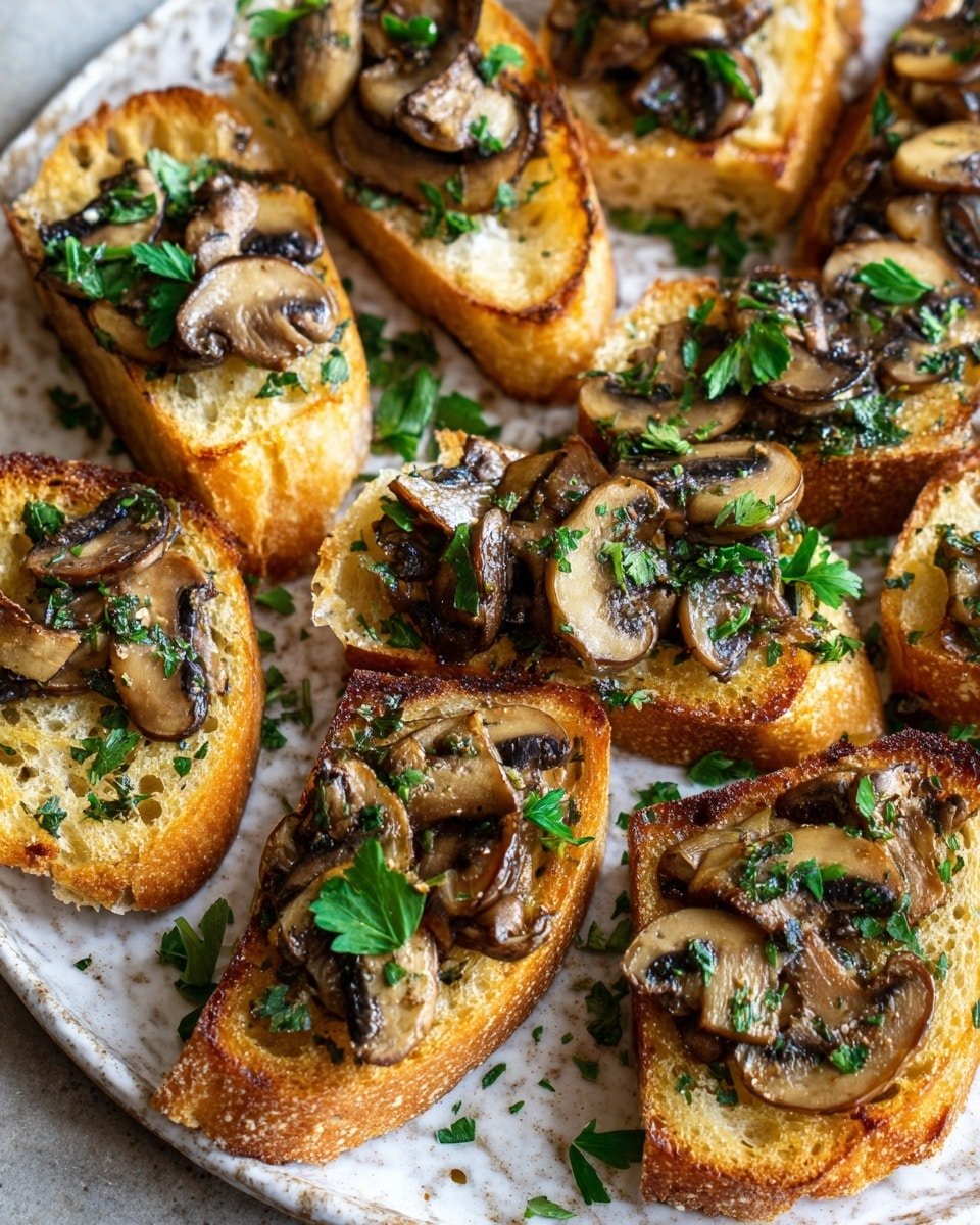 Mushroom and Gruyère Crostini Recipe - Recipe Image — Mushroom and Gruyère Crostini, mushroom crostini recipe, easy appetizer recipes, elegant party snacks, toasted baguette with mushrooms and cheese
