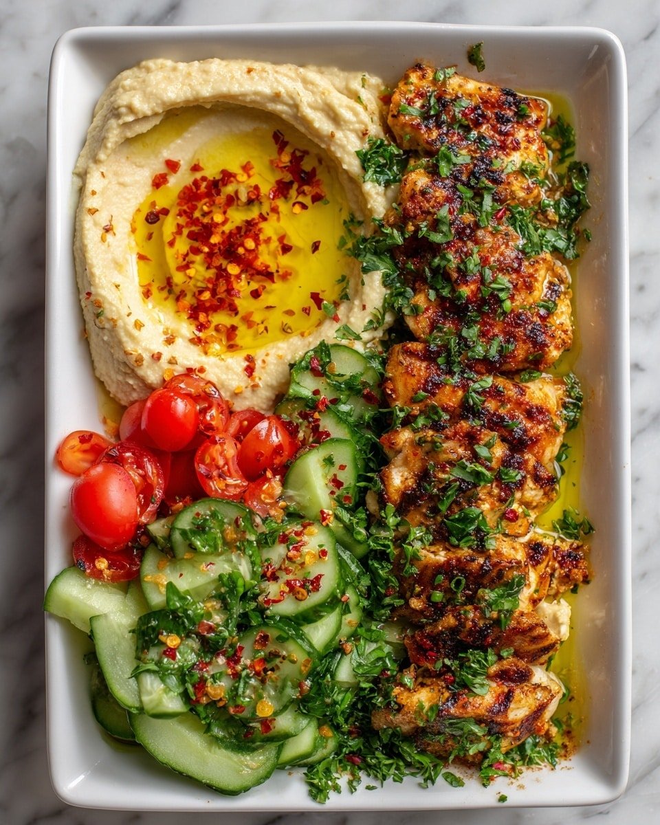 Spicy Garlic Chicken Bowl with Hummus & Cucumber Salad Recipe - Recipe Image — Spicy Garlic Chicken Bowl with Hummus & Cucumber Salad, healthy chicken bowl recipes, quick chicken dinner ideas, flavorful Mediterranean bowls, easy weeknight lunch recipes