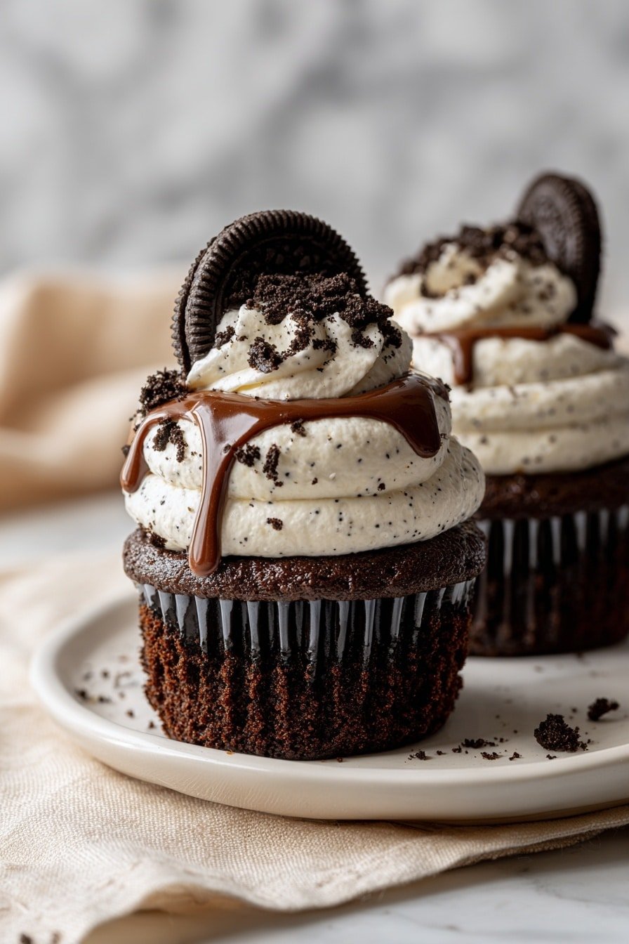 A rich dark brown chocolate cupcake sits at the bottom as the first layer, surrounded by a lined paper wrapper. Above it is a thick, light brown, smooth frosting layer swirled in a rounded mound. On top of the frosting, there is a large black and white sandwich cookie placed vertically in the center, partially embedded in the frosting. The frosting is decorated with small crushed pieces of the same cookie and thin, shiny dark chocolate syrup drizzled over it. Surrounding the main cupcake are other cupcakes with white frosting topped with cookie crumbs and a few chocolate drizzles, all placed on a white plate with some cookie crumbs scattered around. The background features a white marbled texture. Photo taken with an iphone --ar 2:3 --v 7 - Oreo Chocolate Cupcakes, chocolate cupcakes with Oreos, rich Oreo cupcake recipe, easy Oreo cupcake dessert, homemade Oreo chocolate cupcakes
