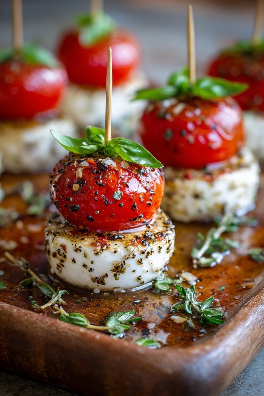 The image shows a close-up of several small appetizers arranged on a wooden tray. Each appetizer has two layers: the bottom layer is a round, white mozzarella ball with black pepper and herbs sprinkled on its surface, while the top layer is a small, bright red roasted cherry tomato with a fresh green basil leaf on top. A wooden skewer goes through both layers, holding them together. The tray has some herbs and oil drizzled around the appetizers, creating a shiny and fresh look. The background is softly blurred, highlighting the appetizers in sharp focus. Photo taken with an iphone --ar 2:3 --v 7 - Mini Caprese Skewers with Balsamic Glaze, Caprese appetizer, easy Caprese skewers, bite-sized Caprese salad, best balsamic glaze recipes
