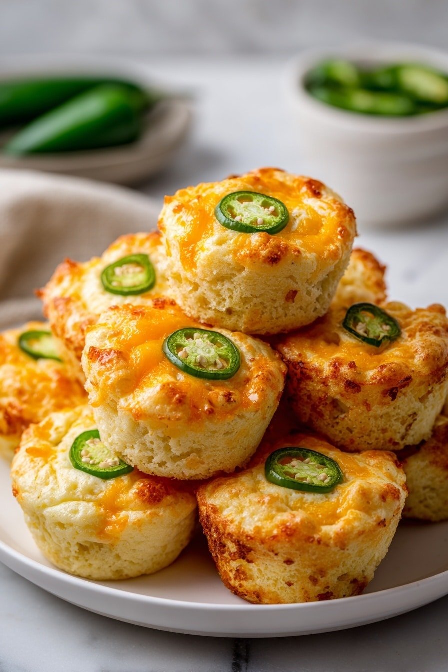 A dark round plate holds a stack of nine small round biscuits arranged in two layers, with five biscuits on the bottom and four on top. Each biscuit is light golden in color with melted orange cheese visibly melted into the surface and scattered thin slices of green jalapeño peppers on top. The edges of the biscuits are slightly browned with a rough texture, while the tops are soft with cheese strands and pepper seeds clearly visible. In the background, three whole green jalapeños rest beside the plate on a white marbled surface, with a blurred bowl of greens further back. Photo taken with an iphone --ar 2:3 --v 7 - Cheesy Jalapeño Shortbread Poppers, spicy savory snacks, cheesy jalapeño bites, cheesy jalapeño appetizer, jalapeño cheese squares