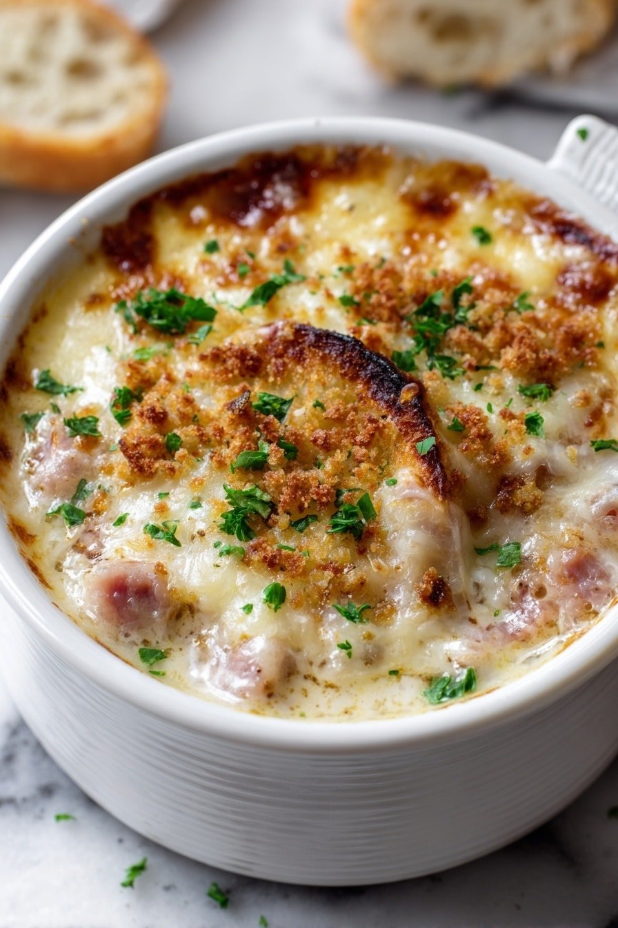 The image shows a close-up of a bowl filled with creamy soup that has three main layers. The base layer is a thick, light cream-colored broth with chunks of light pink roasted meat mixed inside. On top of this is a golden melted cheese layer, slightly bubbling and blending into the broth. The topmost layer is a sprinkling of crunchy, browned breadcrumb bits scattered evenly, with small bright green pieces of chopped fresh parsley spread across for color contrast. The bowl is white with a subtle texture, sitting on a white marbled surface, with a blurred piece of bread in the background. Photo taken with an iphone --ar 2:3 --v 7 - Chicken Cordon Bleu Soup, creamy chicken soup with ham and Swiss, comforting chicken and cheese soup, hearty stuffed chicken soup, easy chicken cordon bleu dish