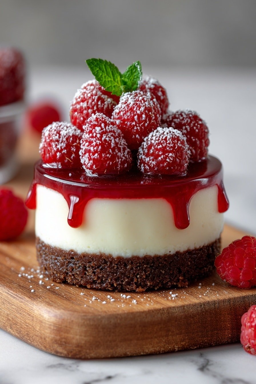 The image shows a small round layered dessert on a wooden board placed on a white marbled surface. The bottom layer is a thick dark brown crumbly cake base. Above it, there is a smooth creamy white layer that looks soft and light. On top of the cream, there is a bright red glossy jelly-like layer with some dripping down the sides. The dessert is topped with many fresh red raspberries, which are sprinkled with a light dusting of powdered sugar, and there is a small green mint leaf garnish in the center. A few raspberries are placed around the wooden board. Photo taken with an iphone --ar 2:3 --v 7 - Chocolate Raspberry Petal Truffles, chocolate raspberry truffles, elegant chocolate desserts, raspberry truffles recipe, luxurious chocolate treats