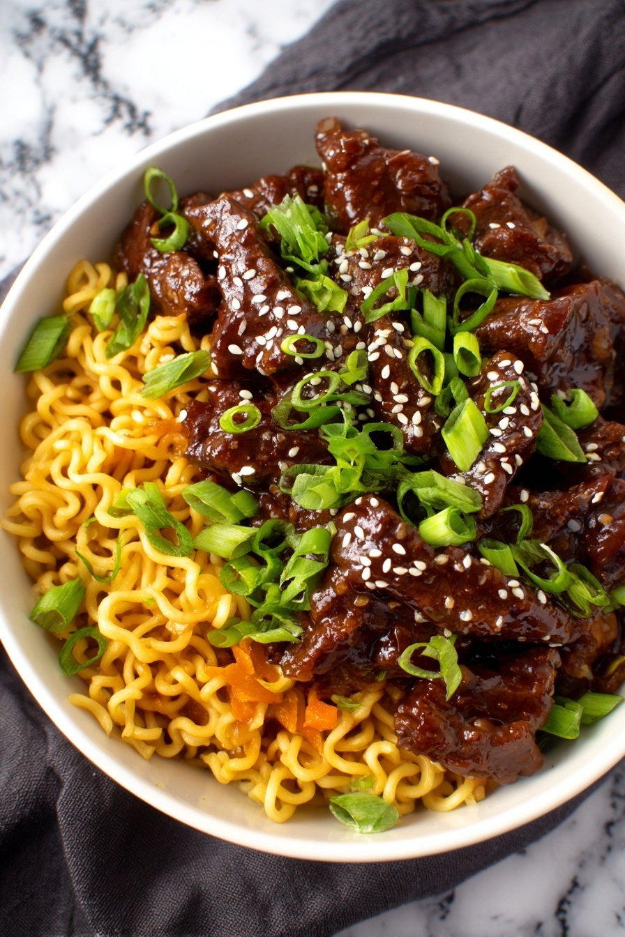 Flat lay of a large white ceramic bowl filled with finely diced onion, a small white bowl of bright red gochujang paste, a small white bowl of dark soy sauce, a small white bowl of clear rice vinegar, a small white bowl with packed light brown sugar, a small white bowl holding golden garlic-ginger paste, a small white bowl of deep red tomato paste, a small white bowl of rich brown beef stock, a portion of raw ox cheek beef with marbled fat, four bundles of fresh udon noodles arranged neatly, a small cluster of fresh green coriander leaves, and a small white bowl filled with black sesame seeds, all arranged in perfect symmetry on a clean white ceramic surface, placed on a clean white marble surface, soft natural light, photo taken with an iPhone, professional food photography style, fresh ingredients, white ceramic bowls, no bottles, no duplicates, no utensils, no packaging --ar 2:3 --v 7 --p m7354639359234015250 - Slow Cooker Korean Beef Noodles, Korean beef noodles recipe, easy slow cooker dinner, comforting Asian noodles, tender beef noodle bowl