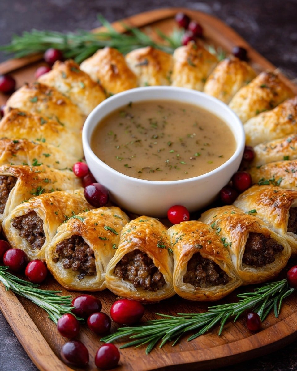 Beef Wellington Wreath with Red Wine Reduction Sauce Recipe - Recipe Image — Beef Wellington Wreath, Beef Wellington with Red Wine Reduction, festive beef dinner ideas, elegant holiday entrees, easy gourmet beef recipes